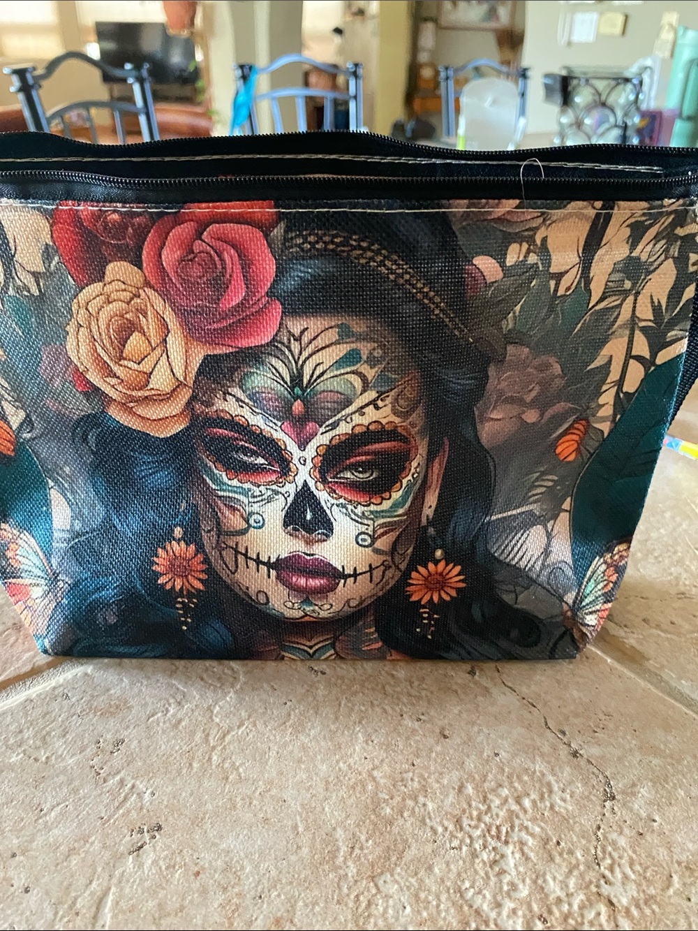 Floral Sugar Skull Tote Bag in Black and Multicolor